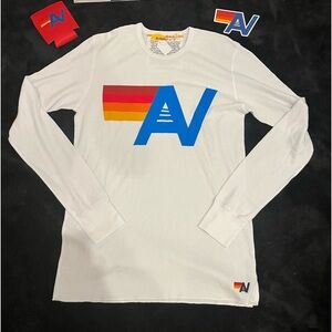 Aviator Nation White Long Sleeve Tee with Blue and Red Logo